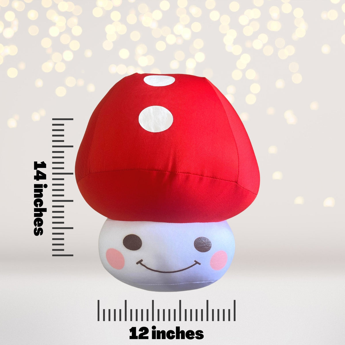 Plush mushroom toy & toadstool pillow, red cap with dots, 12 inches tall, smiling face on Tampa Home & Garden Store