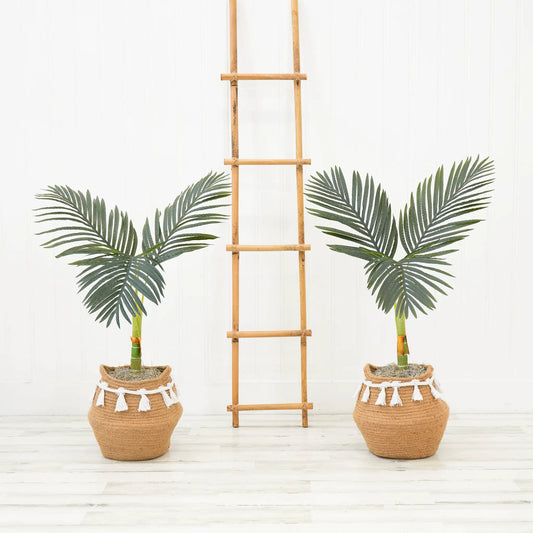 Artificial 3 ft Golden Cane Palm Tree DIY Kit Set of 2 in burlap baskets with white tassels on Tampa Home & Garden Store