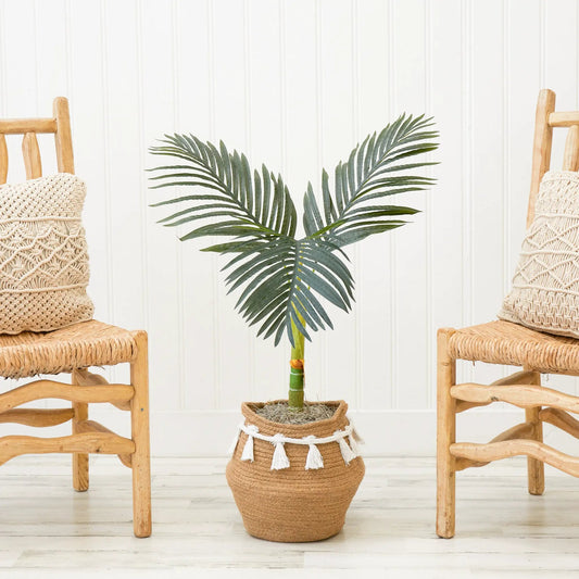 Golden Cane Palm Tree Kit artificial tree in a jute basket with tassels and green fronds on Tampa Home & Garden Store