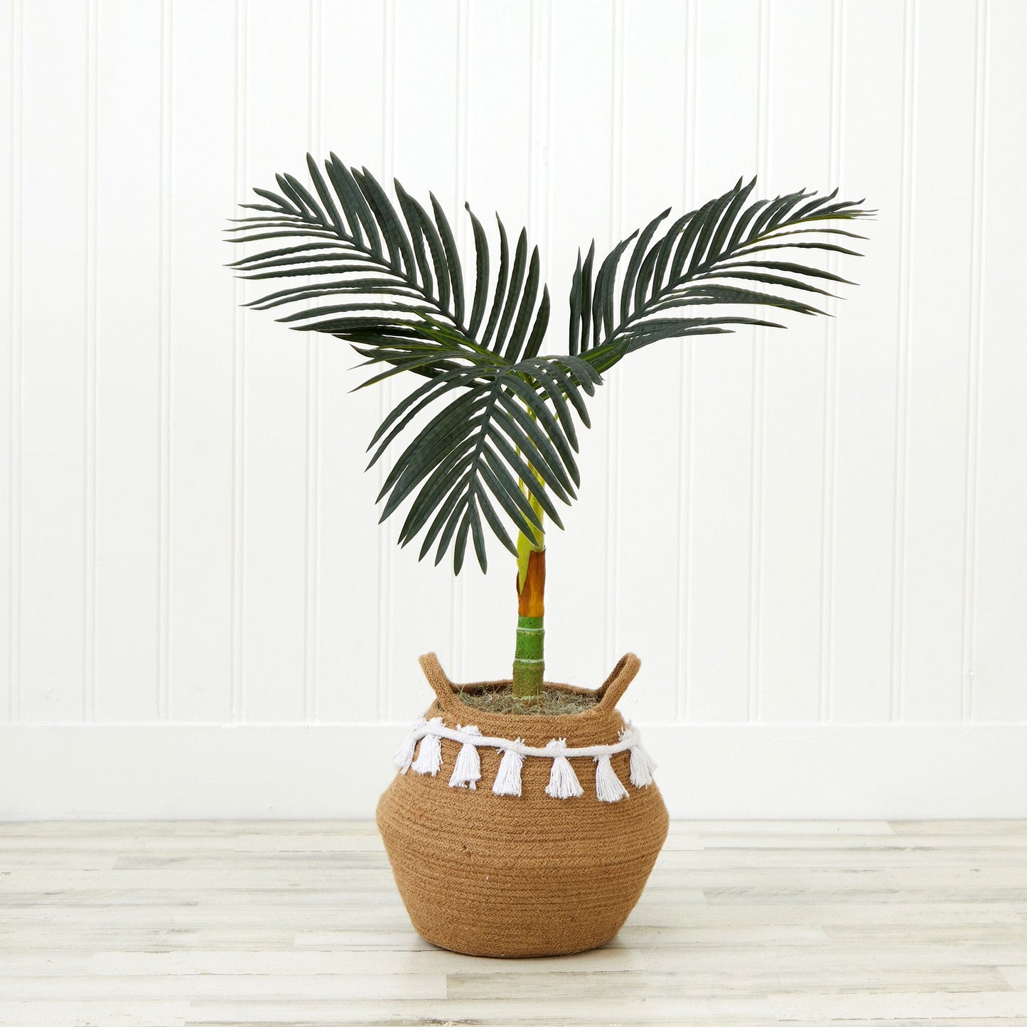Artificial Golden Cane Palm Tree in a woven jute basket with tassels by Nearly Natural on Tampa Home & Garden Store
