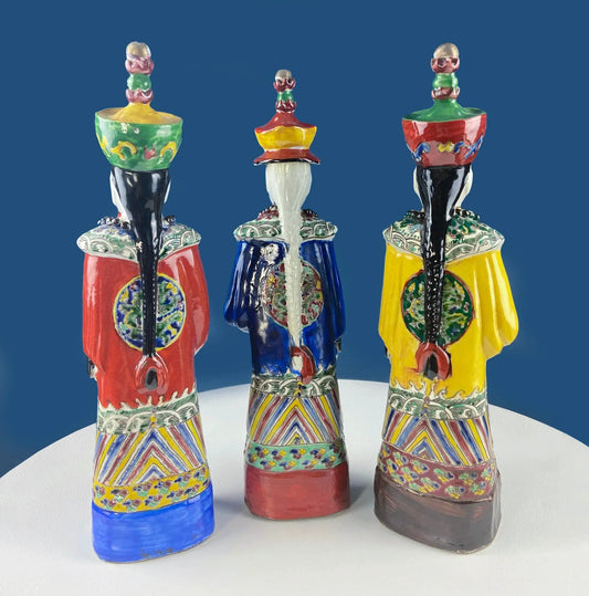 Three ceramic figurines of Asian royal advisors, colorful glazed ceramic, 3-piece set on Tampa Home & Garden Store