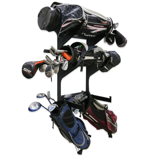Golf bag storage rack by TRAPSKI wall mount in black steel for three bags and two racks on Tampa Home & Garden Store