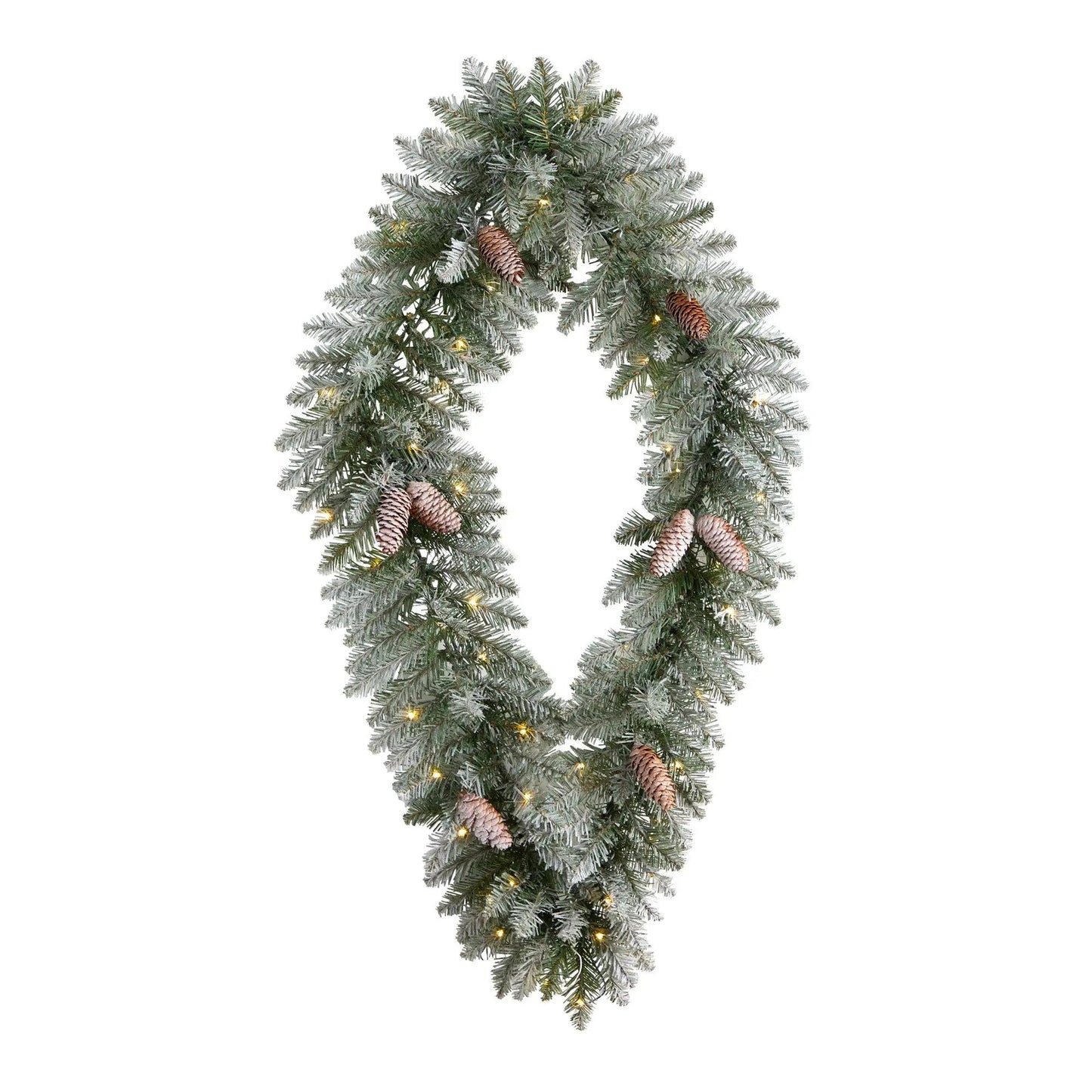 Geometric Diamond Frosted Wreath with Pinecones by Nearly Natural, 3 ft, warm white LED lights on Tampa Home & Garden Store