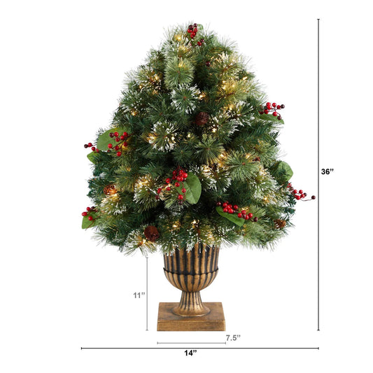 3 ft Nearly Natural pre-lit snow-tipped greenery tree with red berries and pinecones in urn on Tampa Home & Garden Store