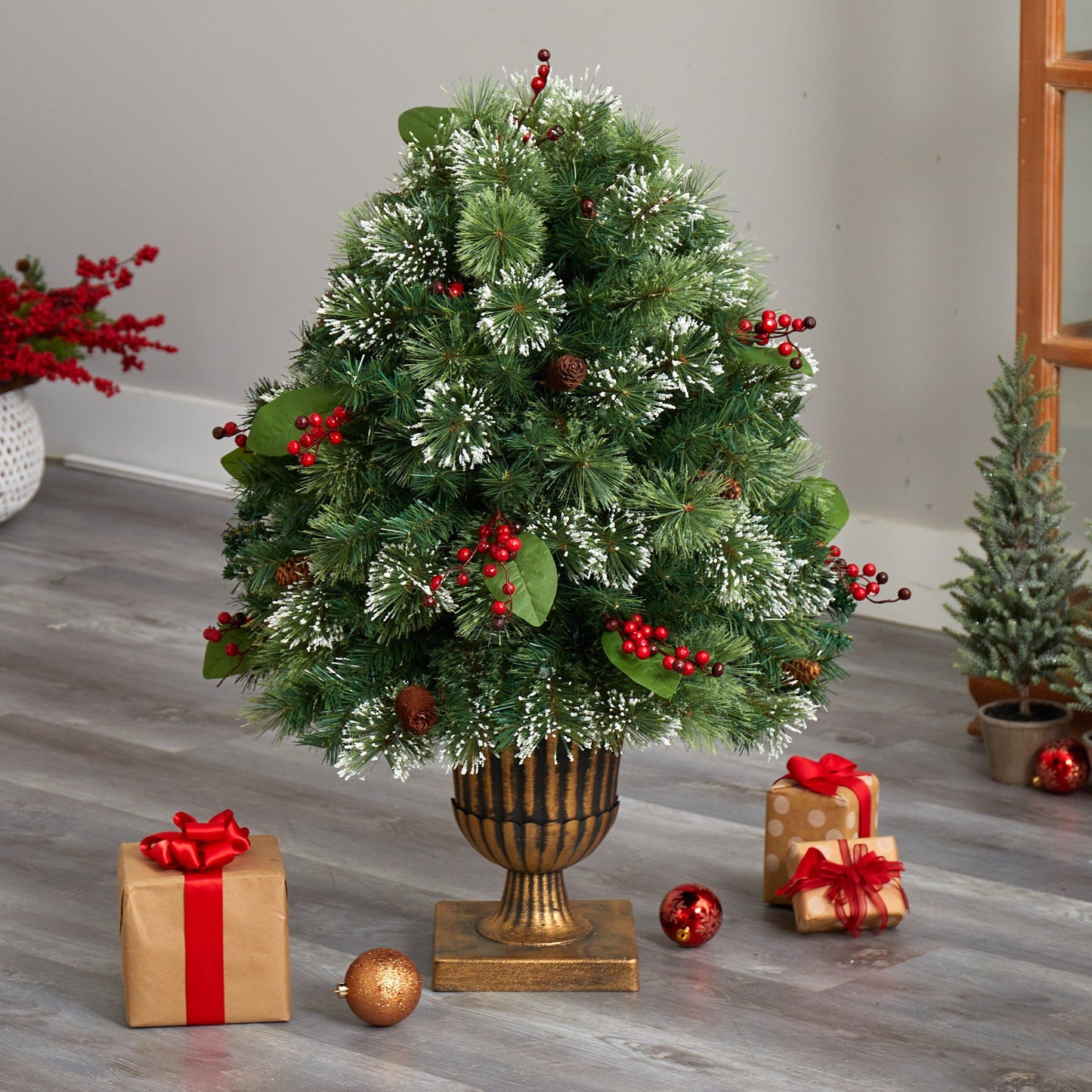 3' Holiday Pre-Lit Snow Tip Greenery, Berries and Pinecones Plant in Urn with 100 LED Lights - Tampa Home & Garden Store