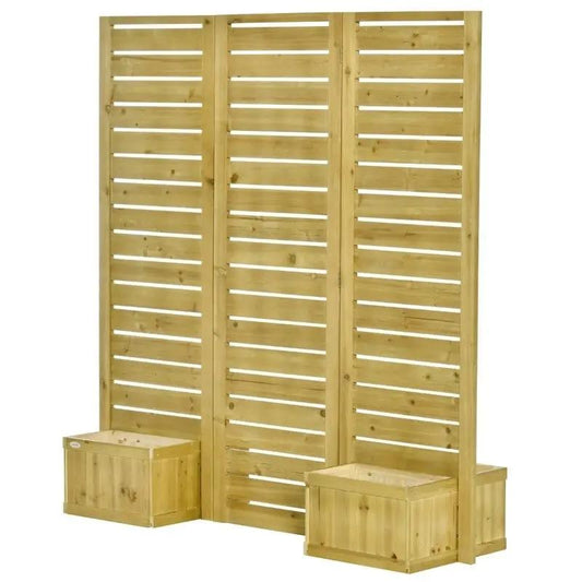 Three-panel fir wood outdoor privacy screen with two planter boxes natural finish on Tampa Home & Garden Store