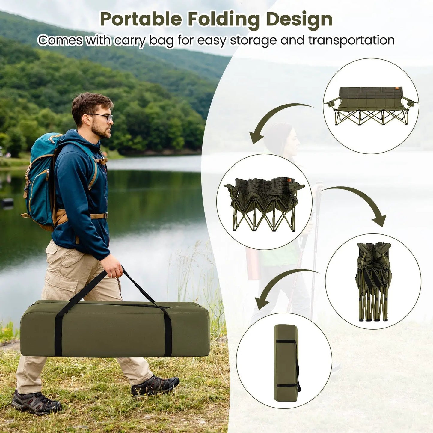 3 Person Folding Camping Chair with Cup Holders olive green folded in carry bag near lake on Tampa Home & Garden Store