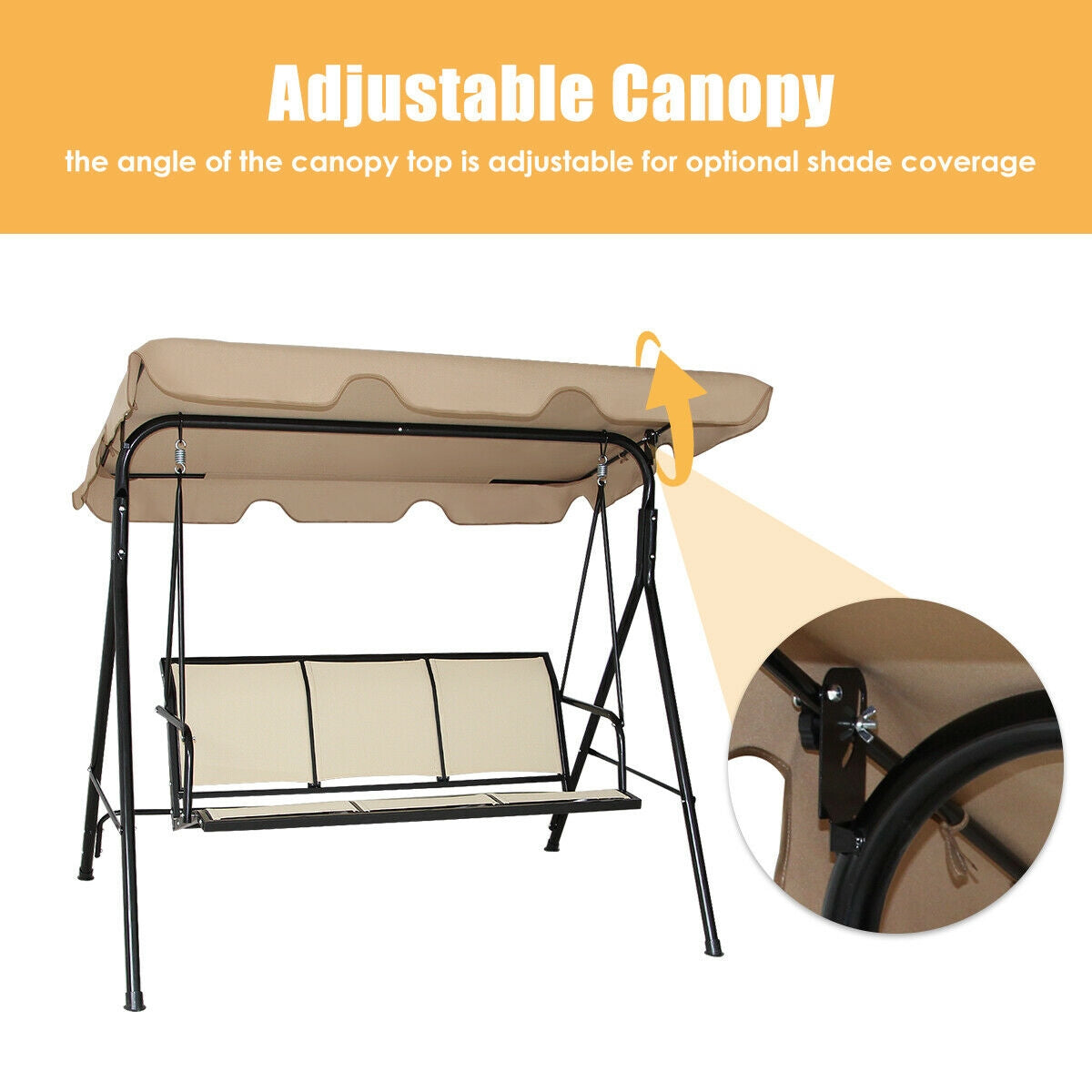 3 Person Steel Frame Patio Swing with Polyester Angle and Adjustable Canopy-Brown - Tampa Home & Garden Store