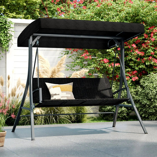 3-Person Porch Swing with Stand Outdoor Canopy Swing with Rattan Seat Back-Black - Tampa Home & Garden Store