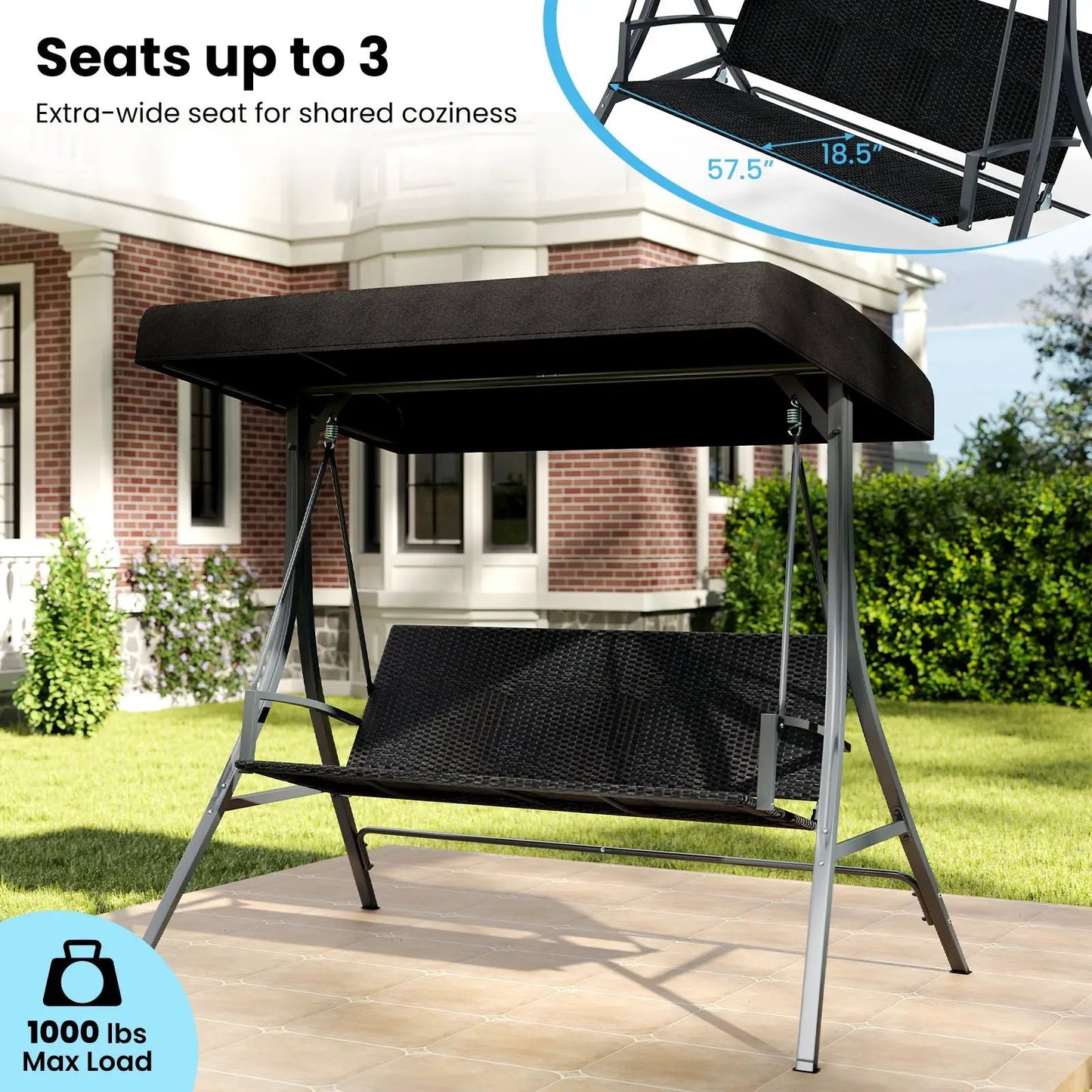 3-Person porch swing with canopy, black woven seat on metal frame on Tampa Home & Garden Store