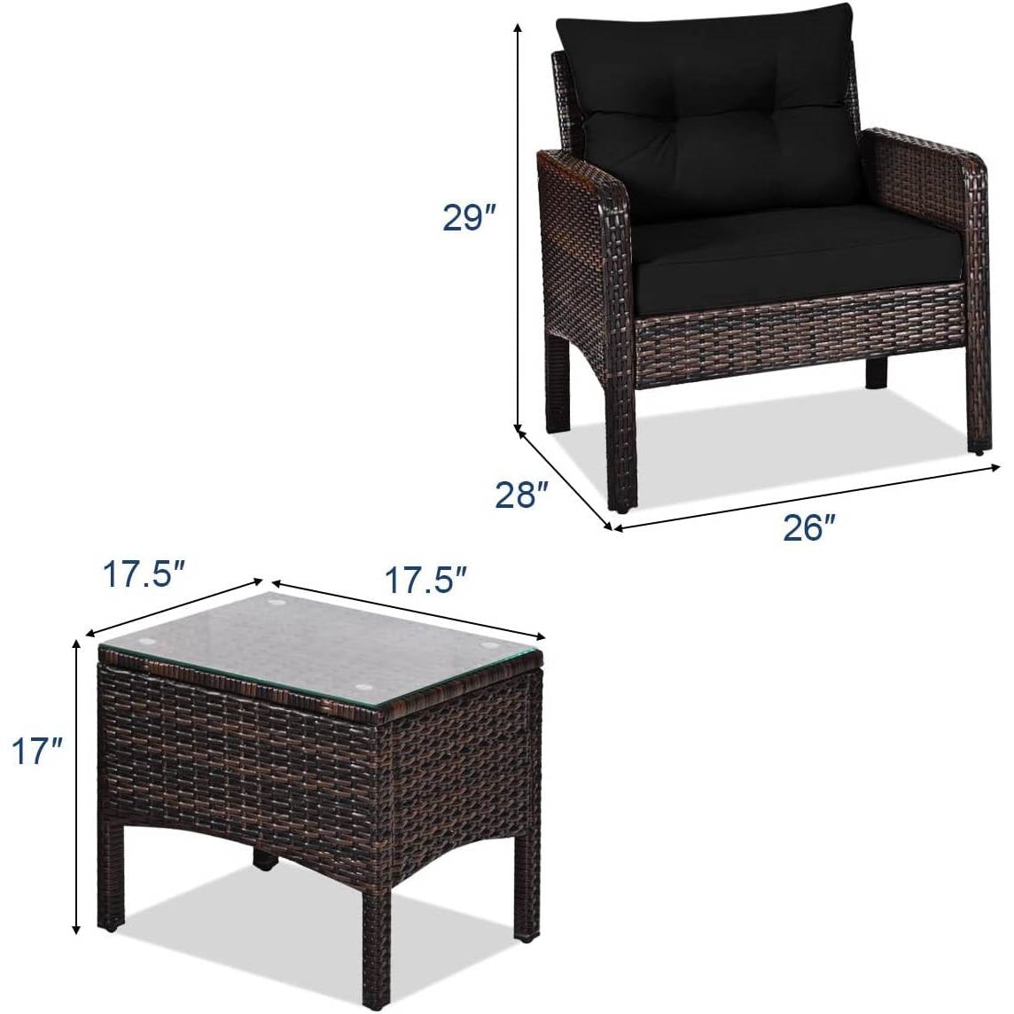 3-Piece Brown PE Rattan Outdoor Dining Patio Furniture Set with Black Cushions - Tampa Home & Garden Store