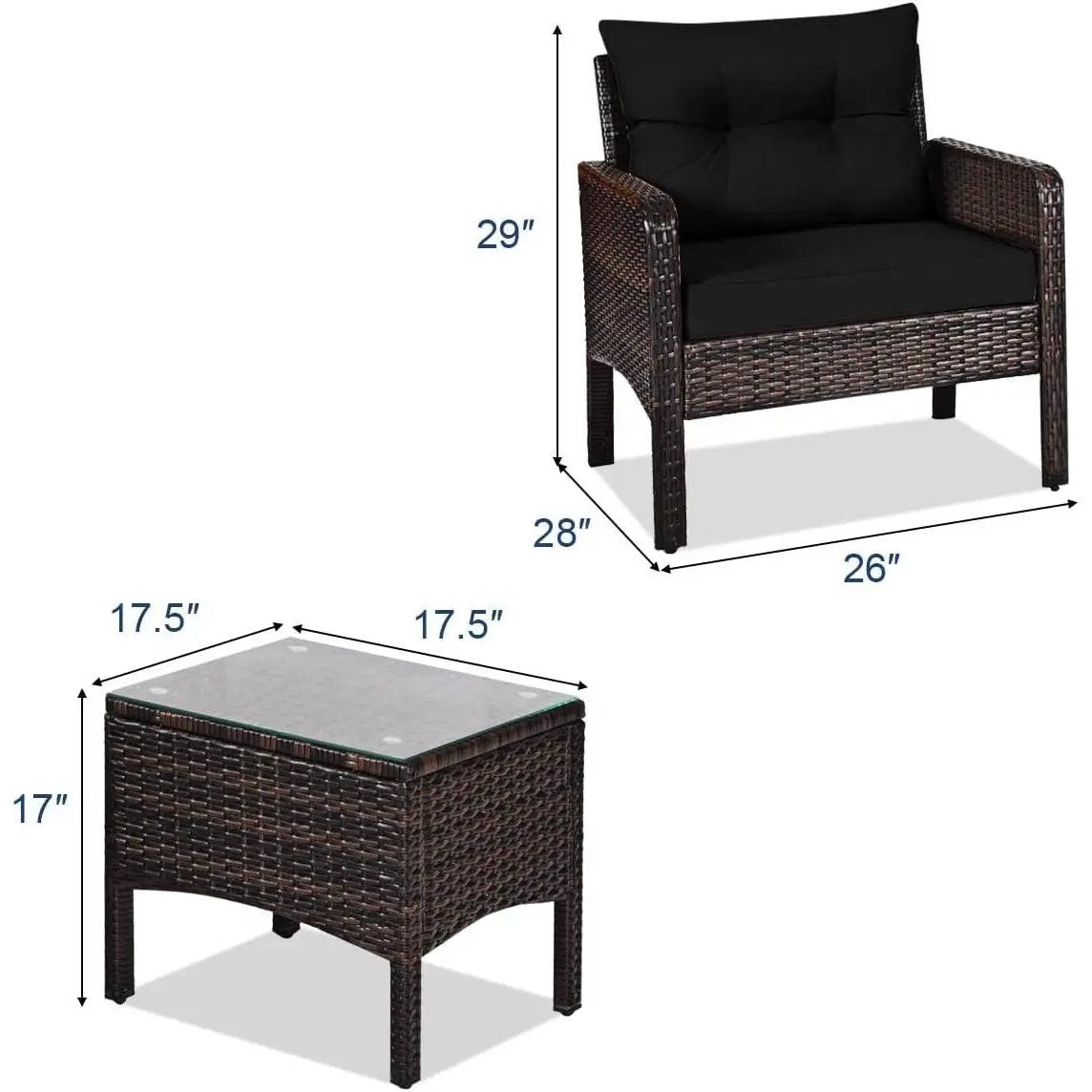 3 Piece Brown PE Rattan Outdoor Dining Set with black cushions and glass-top table on Tampa Home & Garden Store