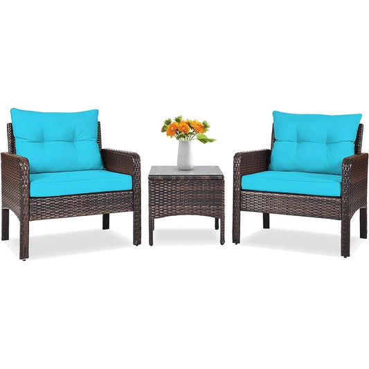 3-Piece Brown PE Rattan Outdoor Patio Furniture Dining Set w/ Turquoise Cushions - Tampa Home & Garden Store