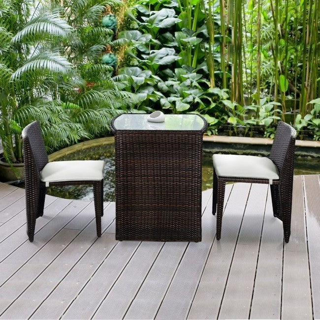 3 Piece Compact Espresso/White Wicker Patio Cushioned Outdoor Chair Table Set - Tampa Home & Garden Store