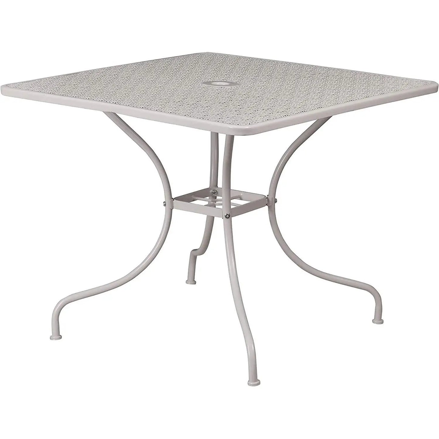 Grey steel outdoor patio table with patterned perforated top and umbrella hole on Tampa Home & Garden Store