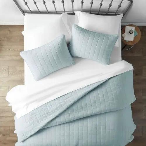 3-Piece Microfiber Bedspread Set Light Blue with quilted pattern and pillow shams on queen bed on Tampa Home & Garden Store