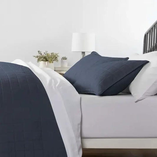 Microfiber Farmhouse Coverlet Set Navy King, 3-piece with quilted grid pattern on Tampa Home & Garden Store