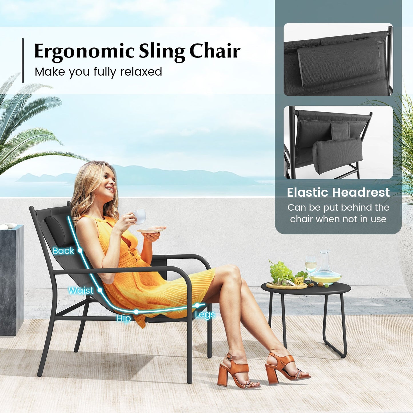 3 Piece Outdoor Bistro Set with Black Metal Sling Chairs and Round Table on Tampa Home & Garden Store