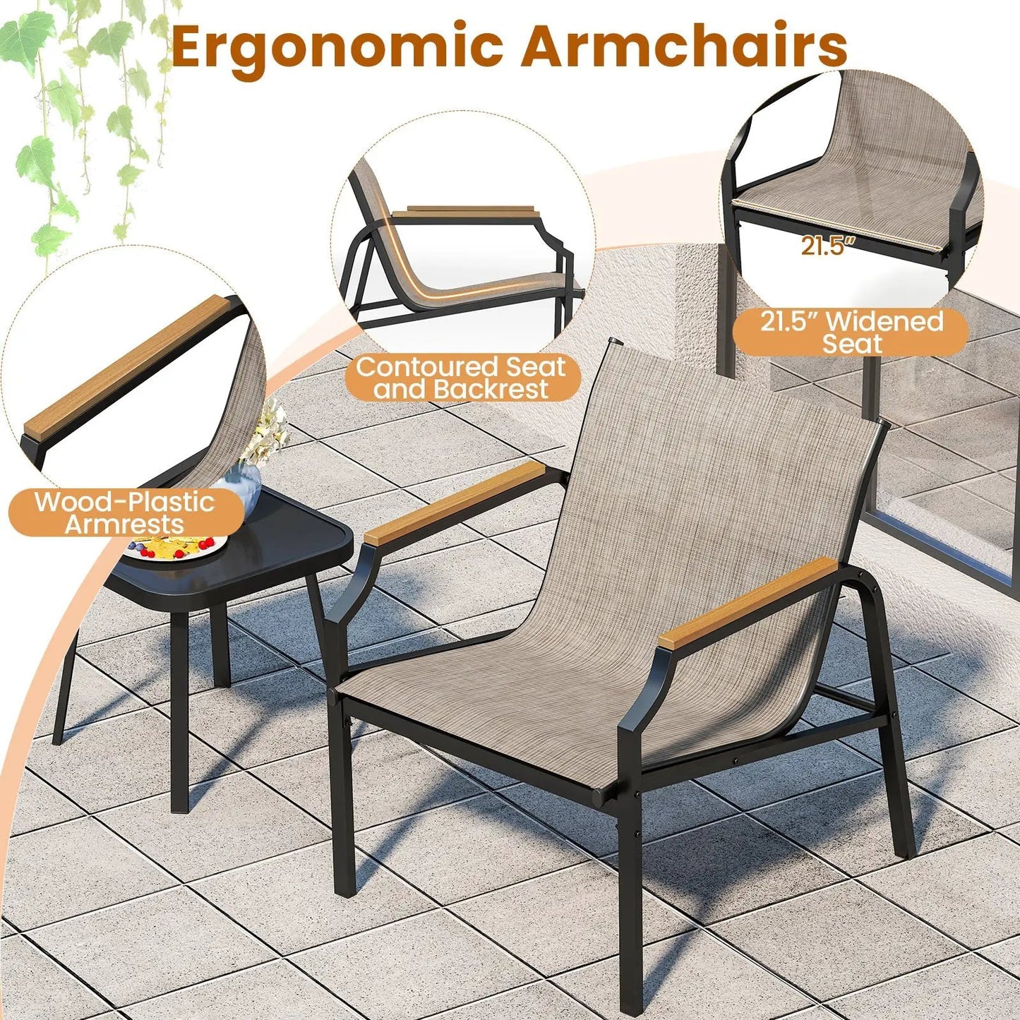 3 Piece Outdoor Chair Set with Breathable Fabric brown contoured seats and wood-plastic armrests on Tampa Home & Garden Store
