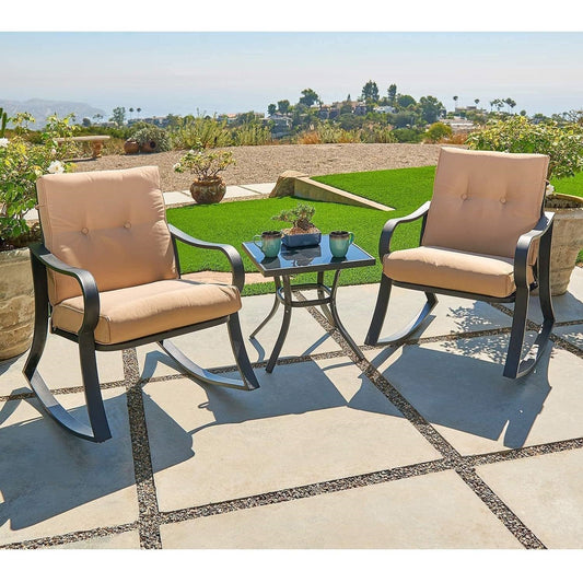 3-Piece Outdoor Patio Furniture Table Rocking Chairs Set with Beige Cushions - Tampa Home & Garden Store