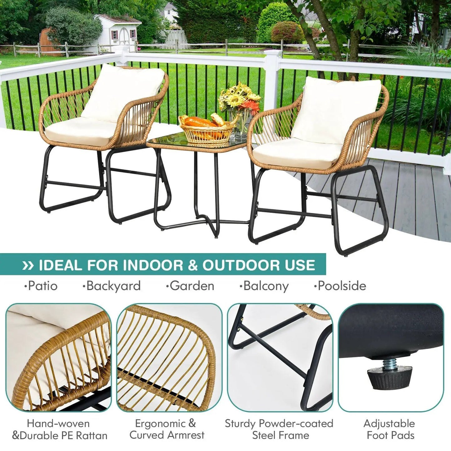 3-Piece Patio Bistro Set with 2 white rattan chairs and glass coffee table DirectDeals on Tampa Home & Garden Store