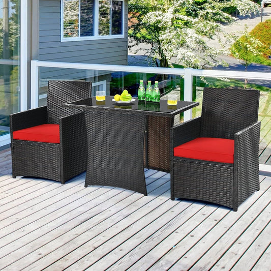 3-Piece Patio Furniture Outdoor Dining Set in Brown PE Rattan with Red Cushions - Tampa Home & Garden Store