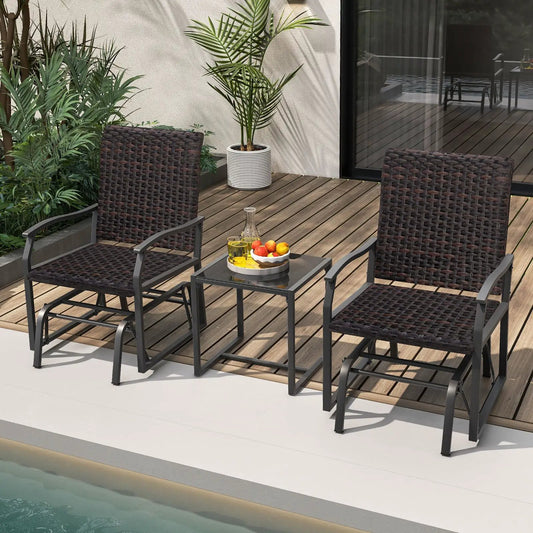 3 Piece Patio Gliding Set with Tempered Glass Coffee Table All Weather-Brown - Tampa Home & Garden Store