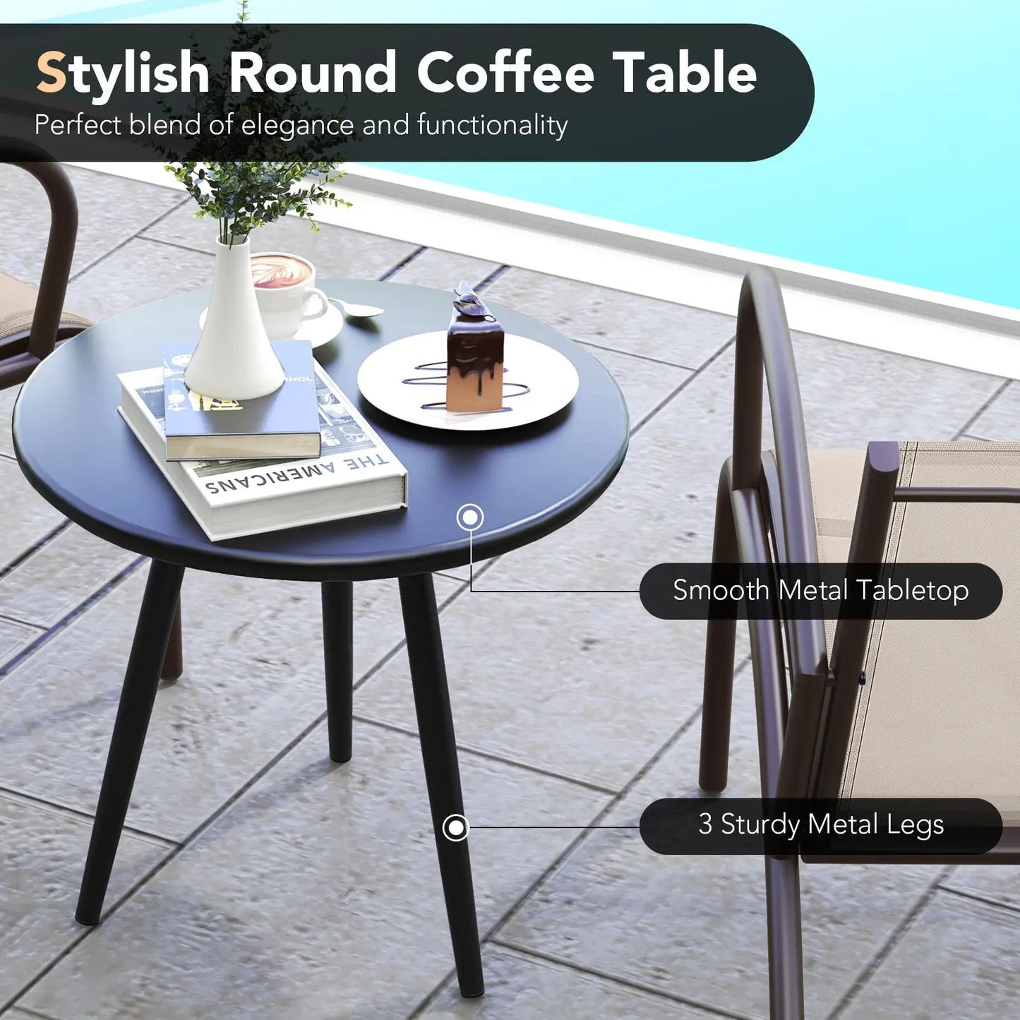 3-Piece Rusic Brown patio set with round smooth metal table and two armchairs on Tampa Home & Garden Store