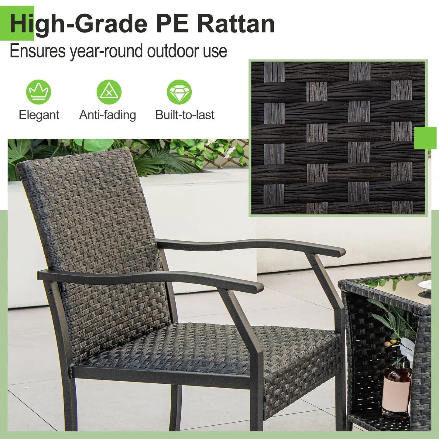 Patio Wicker Chair Set, 3pc DirectDeals wicker & metal frames, quick-dry cushions & side table on Tampa Home & Garden Store
