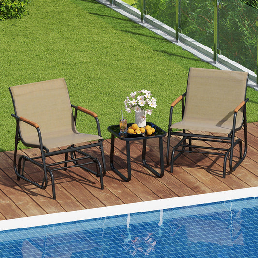 3-Piece Outdoor Glider Bistro Set with Tempered Glass Top and Metal Frame-Coffee - Tampa Home & Garden Store