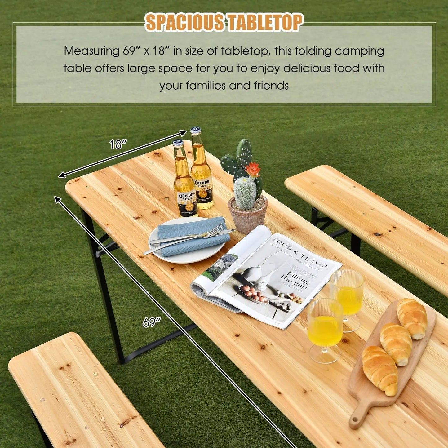 Folding wooden picnic table with two benches in natural pine; 69in long, 18in wide, 3-piece DirectDeals outdoor set on Tampa Home & Garden Store
