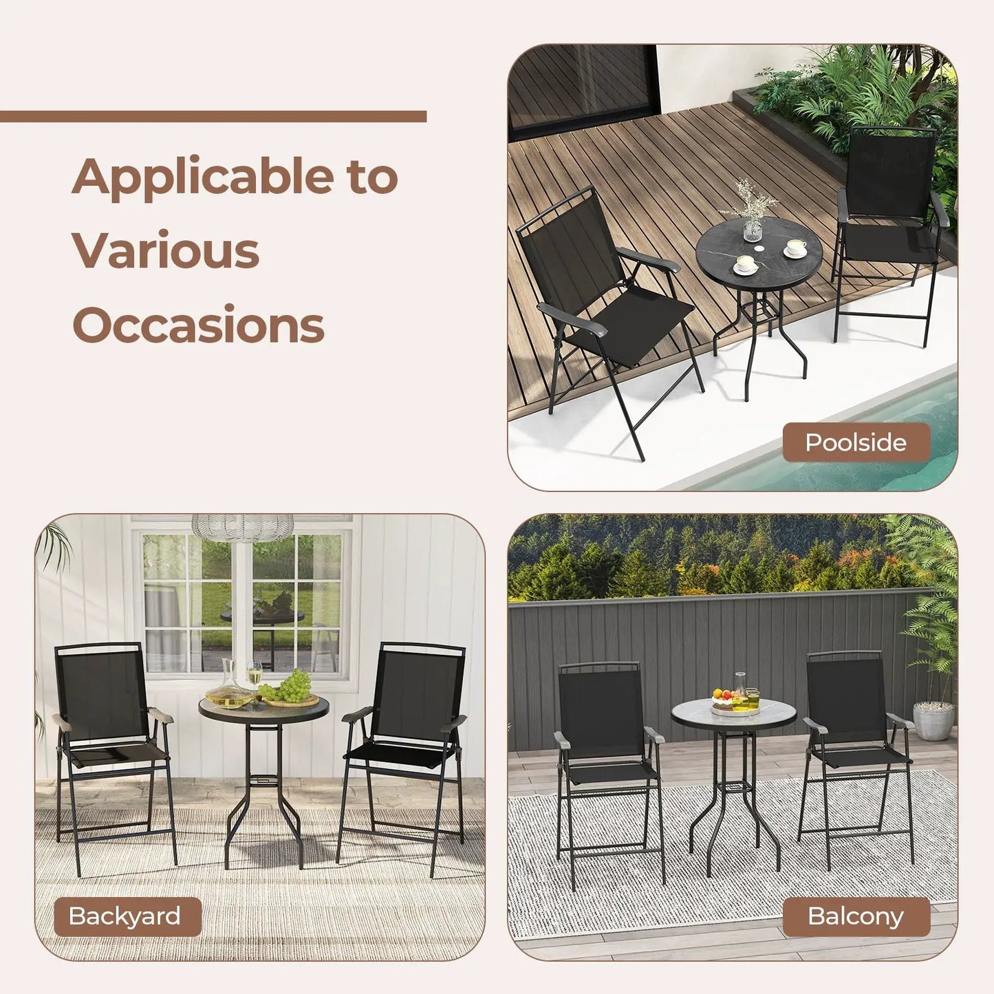 3-piece DirectDeals outdoor bar stool set with DPC tabletop and black metal frames by poolside on Tampa Home & Garden Store