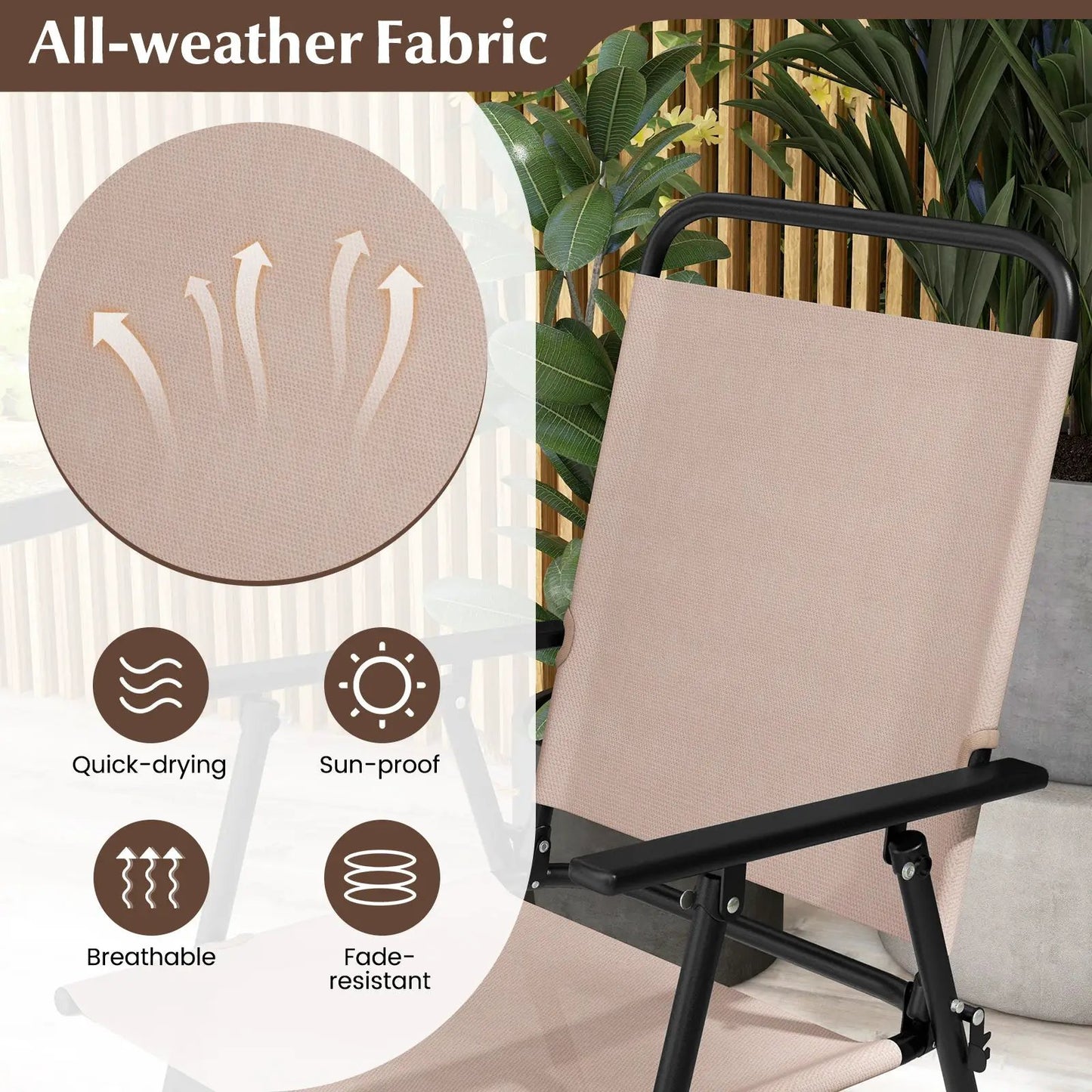 Beige outdoor bistro chair with black metal frame and all-weather fabric on Tampa Home & Garden Store