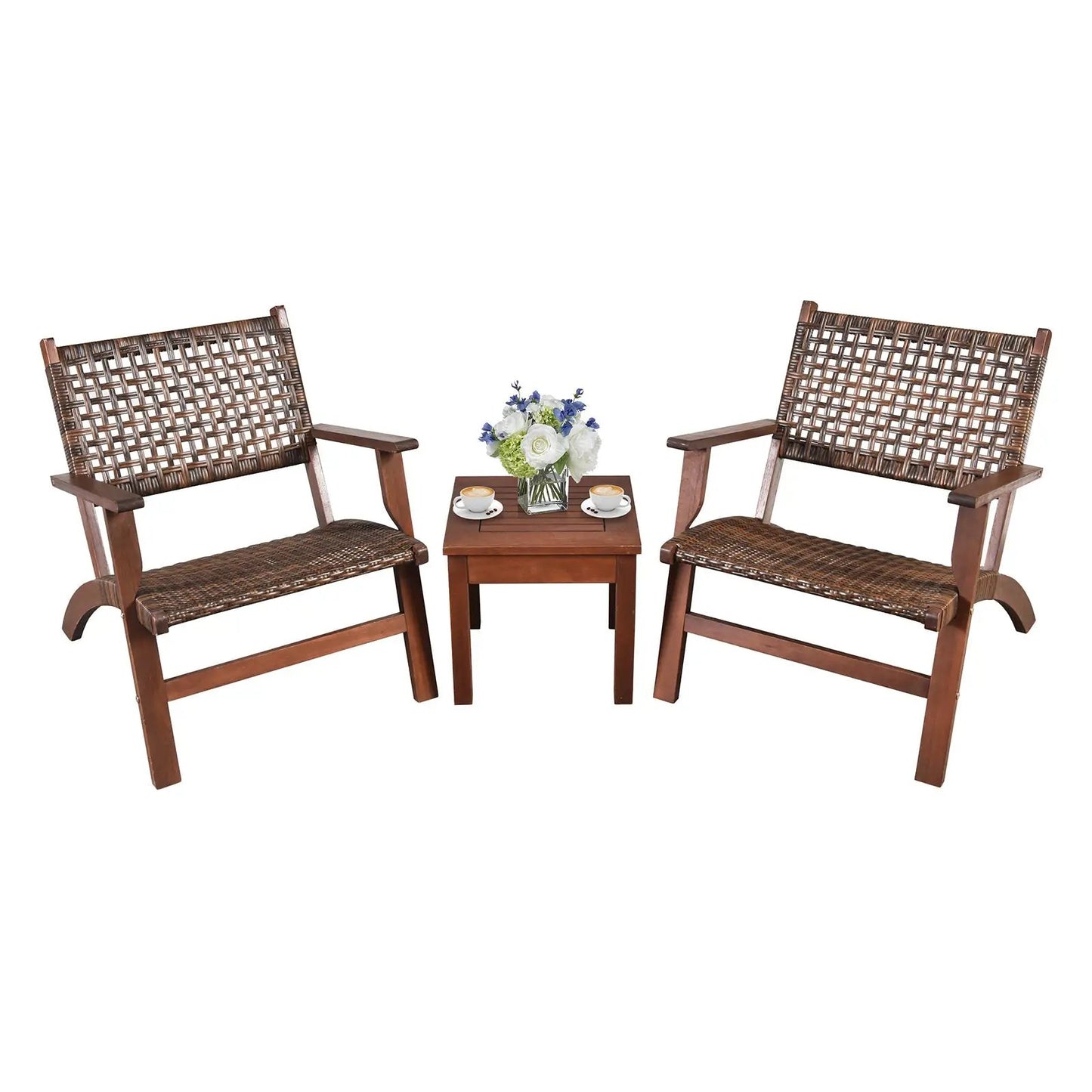3-Piece Outdoor Wooden Patio Rattan Furniture Set by DirectDeals, 2 brown woven chairs and table on Tampa Home & Garden Store