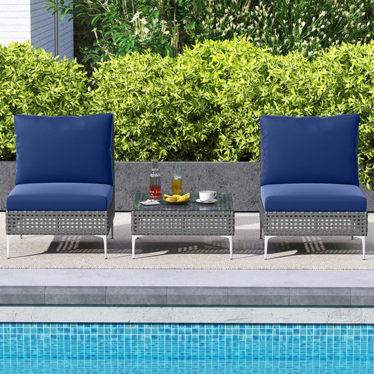 3 Pieces PE Rattan Conversation Chairs with Tempered Glass Coffee Table for Garden Porch-Navy - Tampa Home & Garden Store