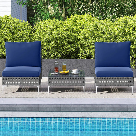 3 Pieces PE Rattan Conversation Chairs with Tempered Glass Coffee Table for Garden Porch-Navy - Tampa Home & Garden Store