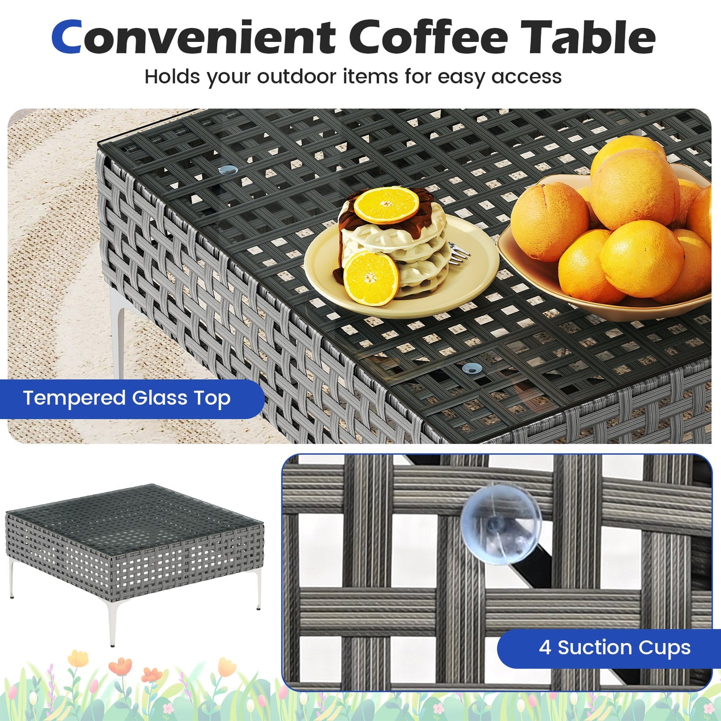 3 Pieces PE Rattan Conversation Chairs with Tempered Glass Coffee Table for Garden Porch-Navy - Tampa Home & Garden Store