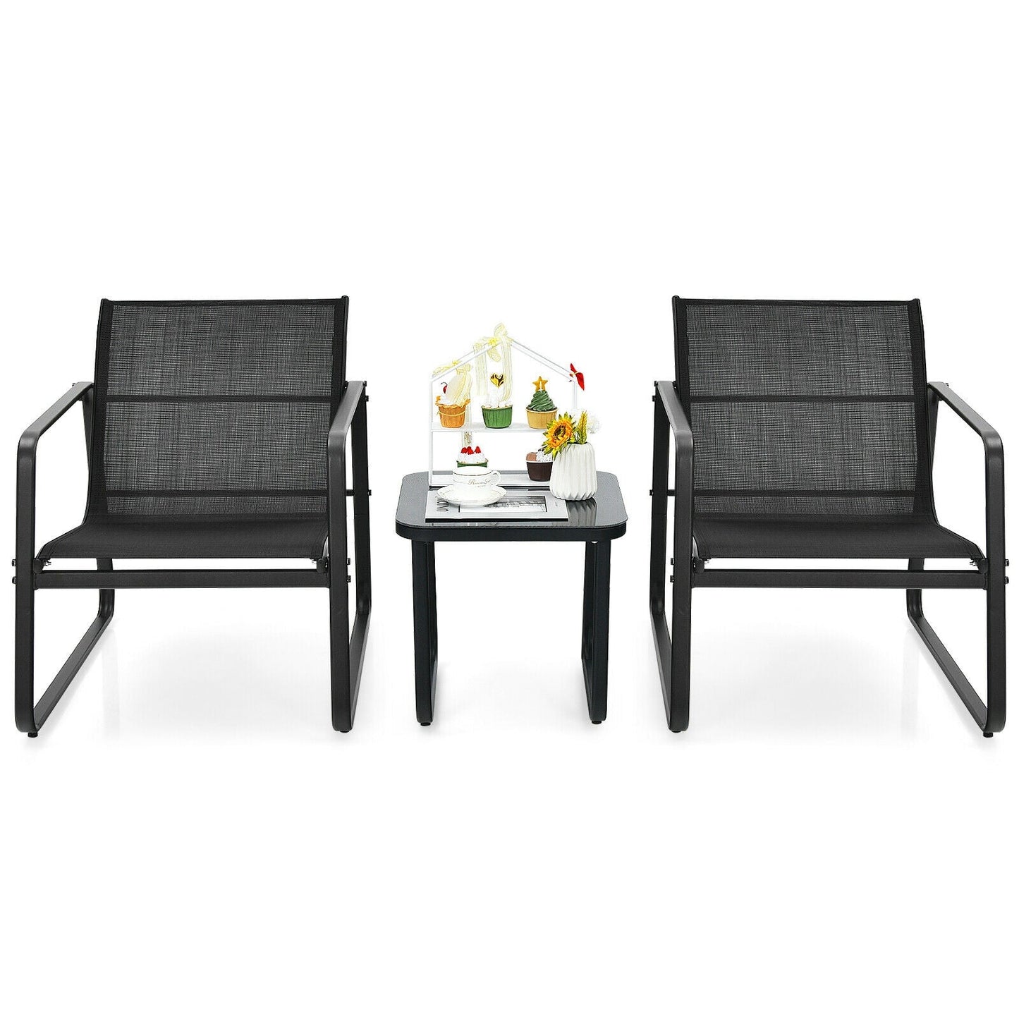 3 Pieces Patio Bistro Furniture Set with Glass Top Table Garden Deck-Black - Tampa Home & Garden Store