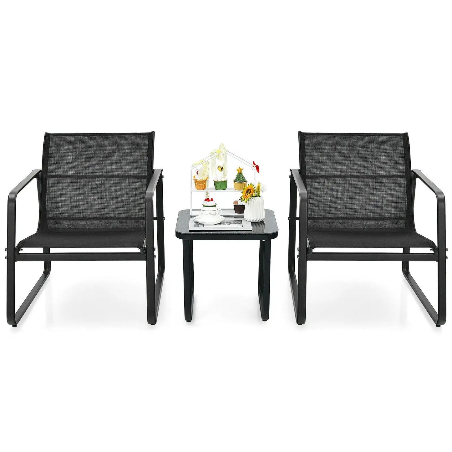 Three piece patio bistro set with glass top table in black metal frame, 2 chairs on Tampa Home & Garden Store