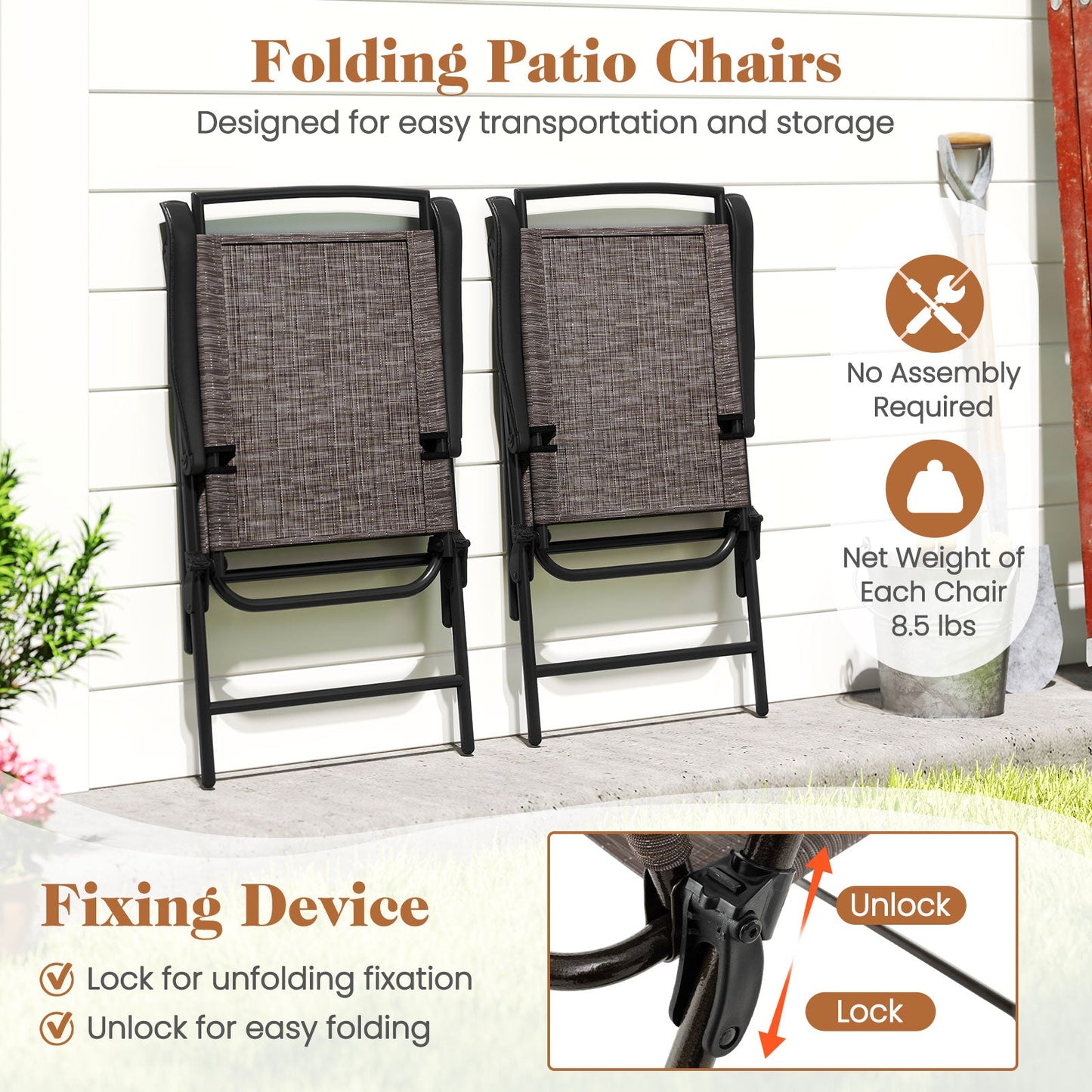 3 Pieces Patio Round Table and Folding Chairs Set with Rippled Tempered Glass Tabletop - Tampa Home & Garden Store