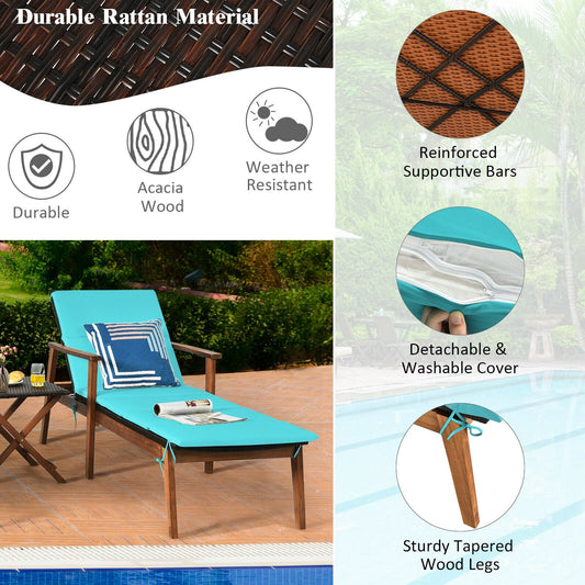 3 Pieces Portable Patio Cushioned Rattan Lounge Chair Set with Folding Table-Turquoise - Tampa Home & Garden Store