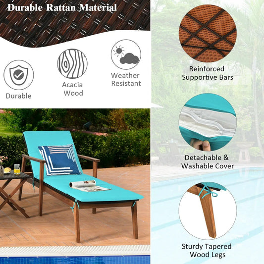 3 Pieces Portable Patio Cushioned Rattan Lounge Chair Set with Folding Table-Turquoise - Tampa Home & Garden Store