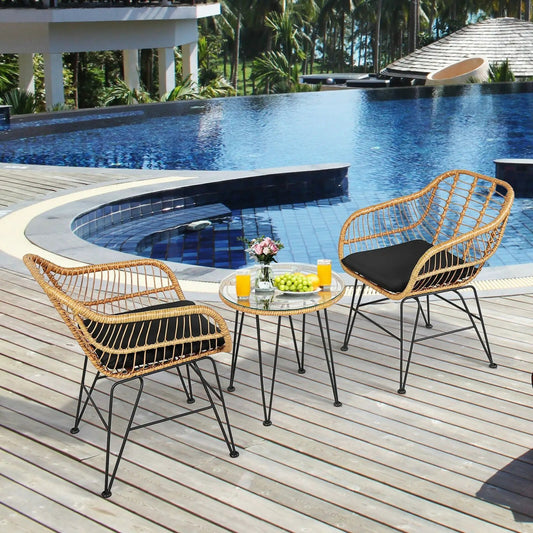 3 Pieces Rattan Furniture Set with Cushioned Chair Table-Black - Tampa Home & Garden Store