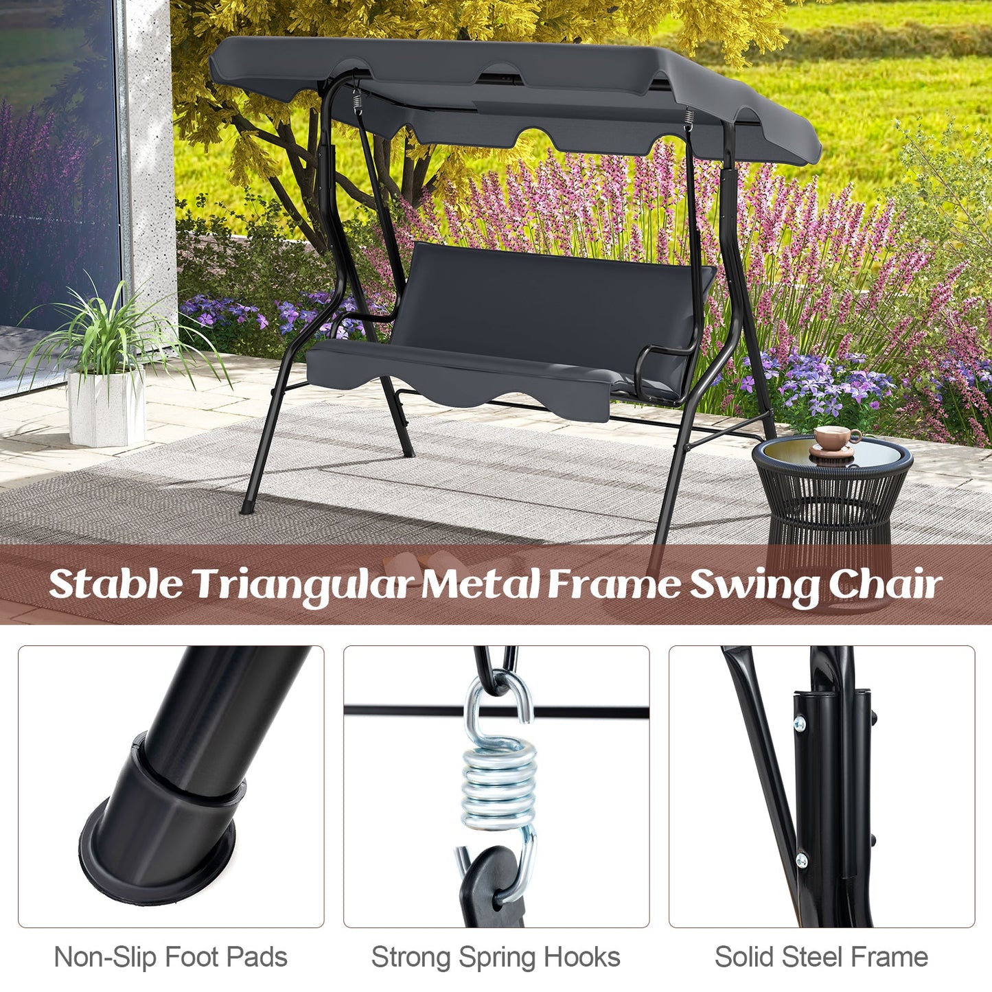 3-Seat Outdoor Patio Canopy Swing with Cushioned Steel Frame-Gray
