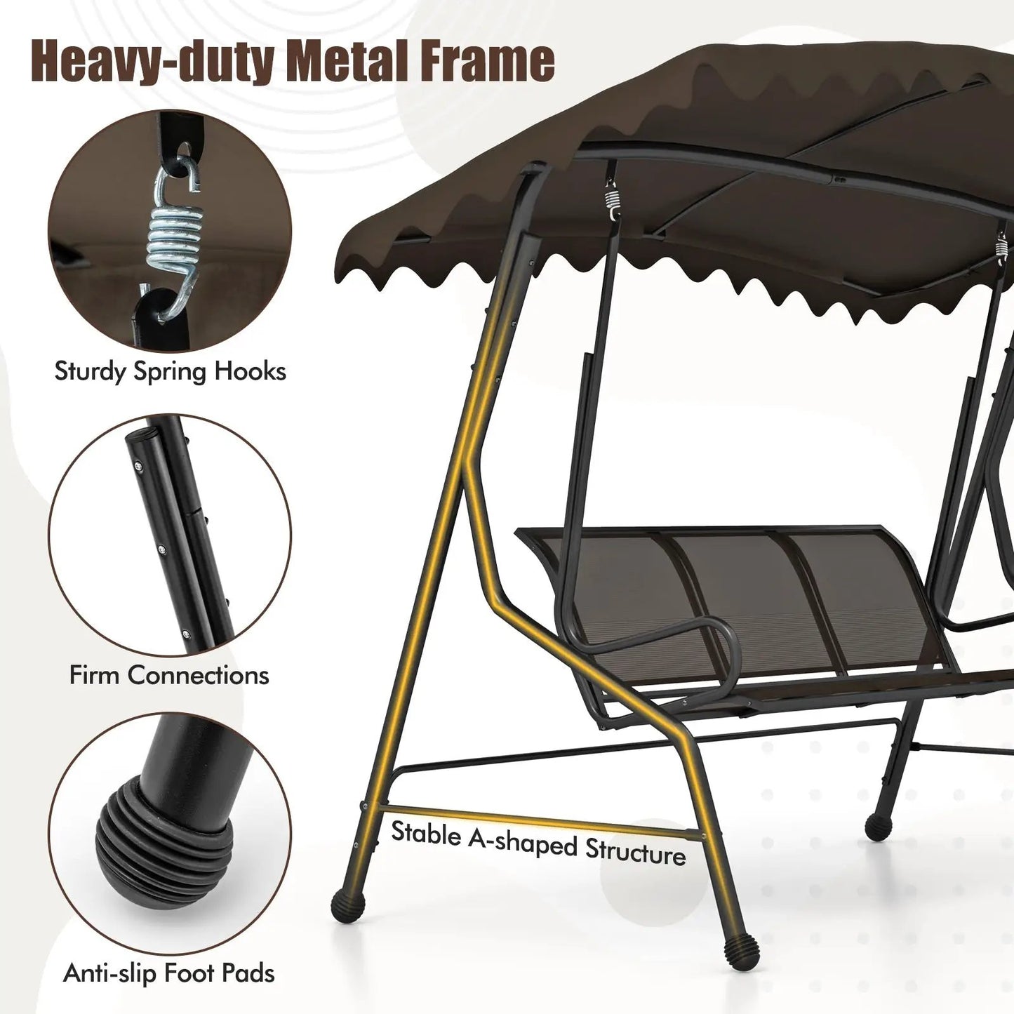 Three-seat canopy swing with brown metal frame and adjustable shade DirectDeals on Tampa Home & Garden Store