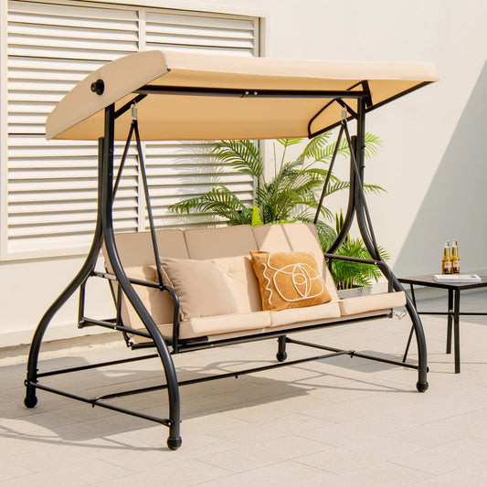 3 Seat Outdoor Porch Swing with Adjustable Canopy-Beige - Tampa Home & Garden Store