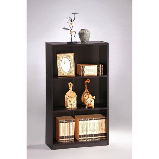 3-Tier Bookcase in Espresso Finish with top sculpture and vase, photo and books on shelves on Tampa Home & Garden Store