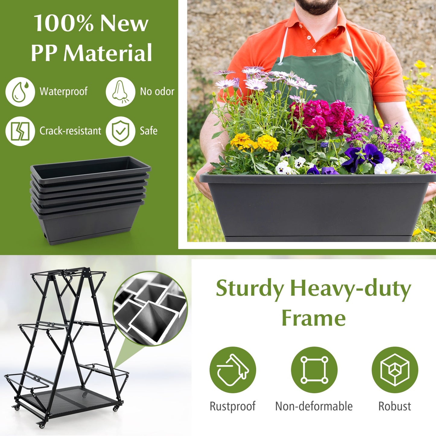 3-Tier Vertical Raised Garden Bed with 4 Wheels and 6 Container Boxes-Black - Tampa Home & Garden Store