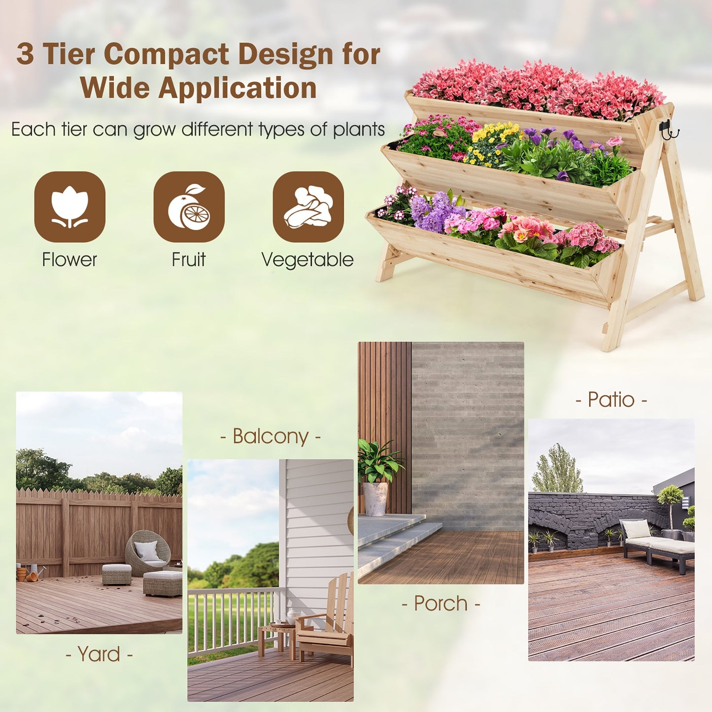 3 Tier Vertical Raised Garden Bed with Storage in wood for flowers, fruit, vegetables on Tampa Home & Garden Store