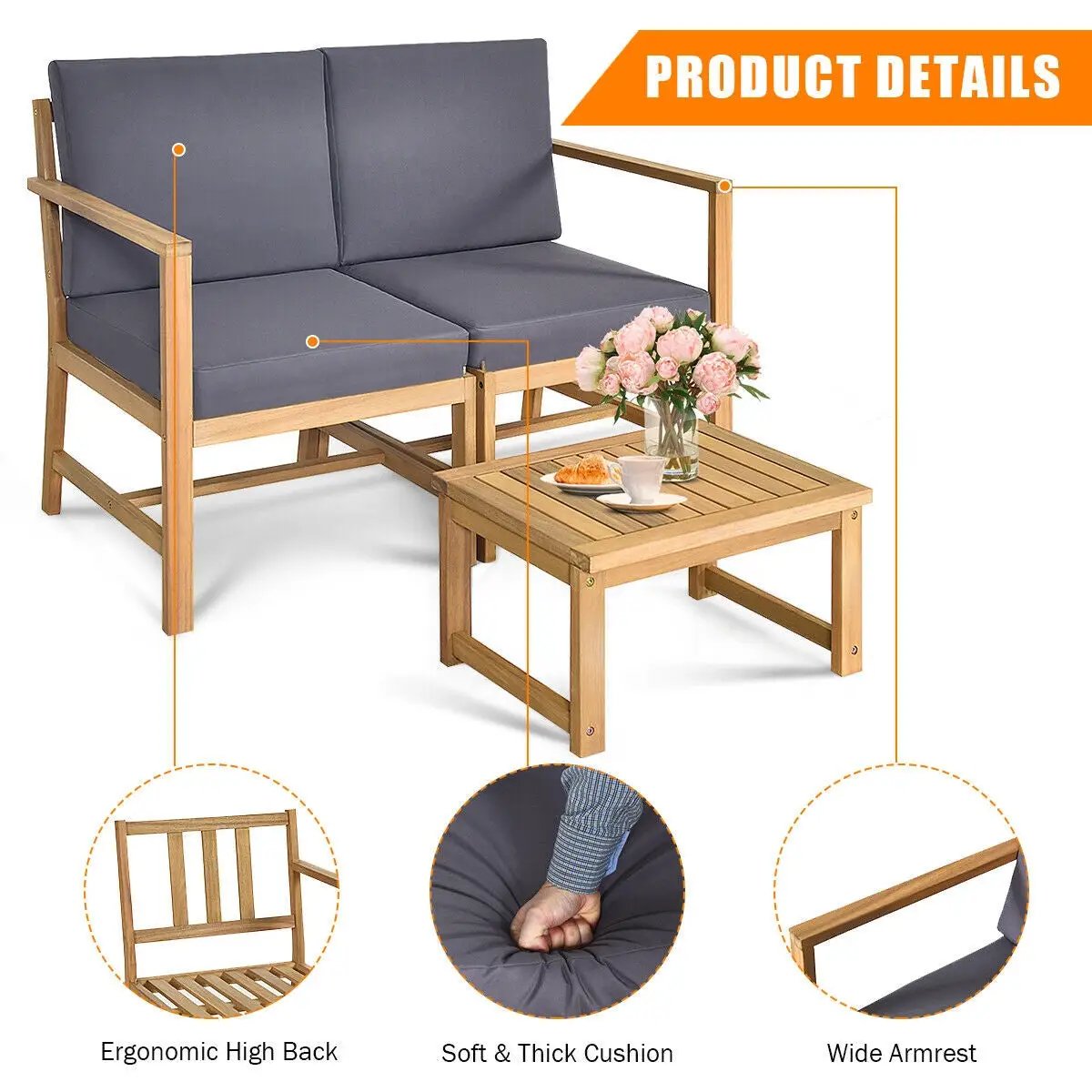3-in-1 Acacia Wood Loveseat and Coffee Table with gray cushions, outdoor set by DirectDeals on Tampa Home & Garden Store